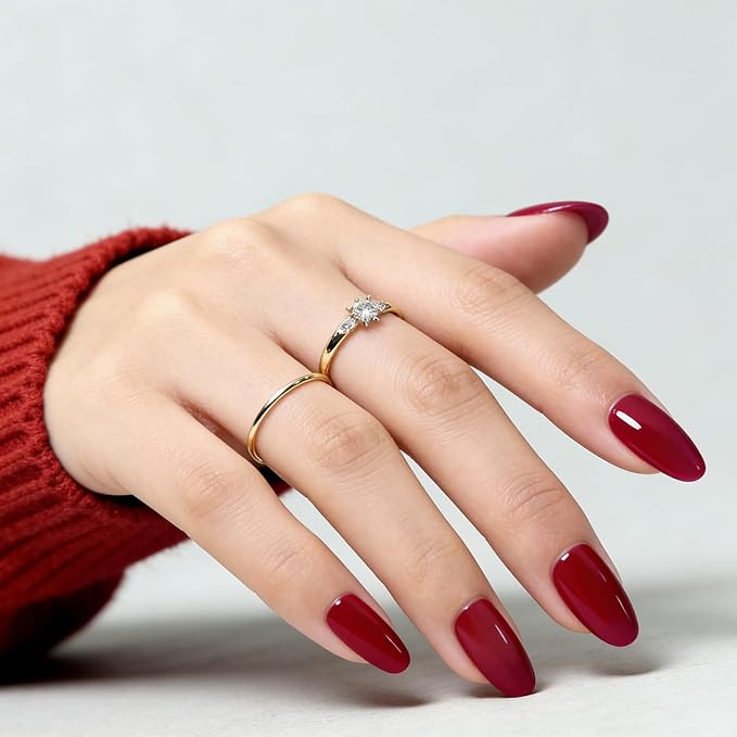 Cherry Red Press On Nails Medium Almond Handmade Soft Gel Fake Nails Burgundy, Deep Red Stick Glue on Nails Kit for Women, Reusable Acrylic False Nail Set