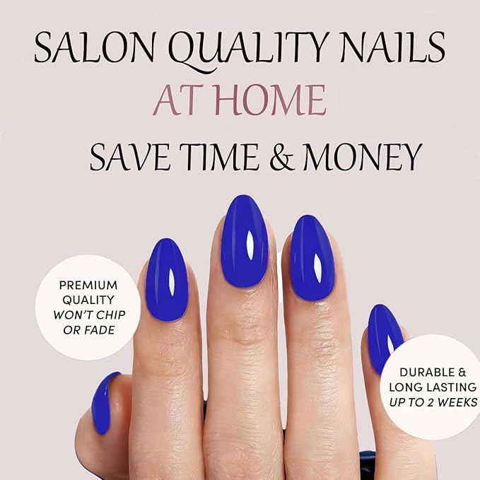 Blue Press On Nails Almond -Short Press On Nails with Nail Glue, Fit Perfectly & Natural Reusable Stick On Nails in 12 Sizes - 24PCS Soft Gel Glue On Nails Kit