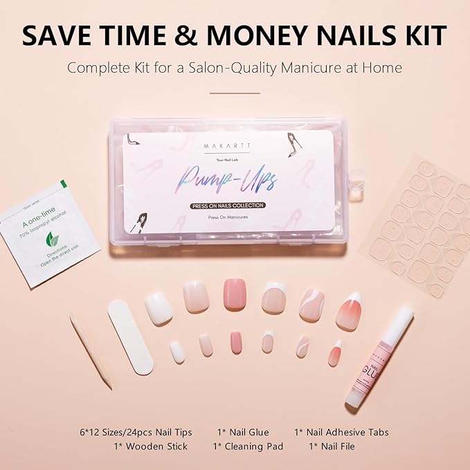 Makartt Press on Nails Kit: Short Nude Elegance Coffin Nail Tips in 6 Styles 144PCS, Natural Fit with Adhesive Tabs, Glue, and File, Manicure Set for Home Salon