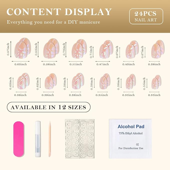 evpct Spring & Summer Glossy Press on Nails Short Oval, Aurora Glazed Fake Nails Press ons with 3D Pattern Design, Light Weight Perfectly Fit Nails for Women Gift, Fake Nail Kit with Kits Gel, 24Pcs