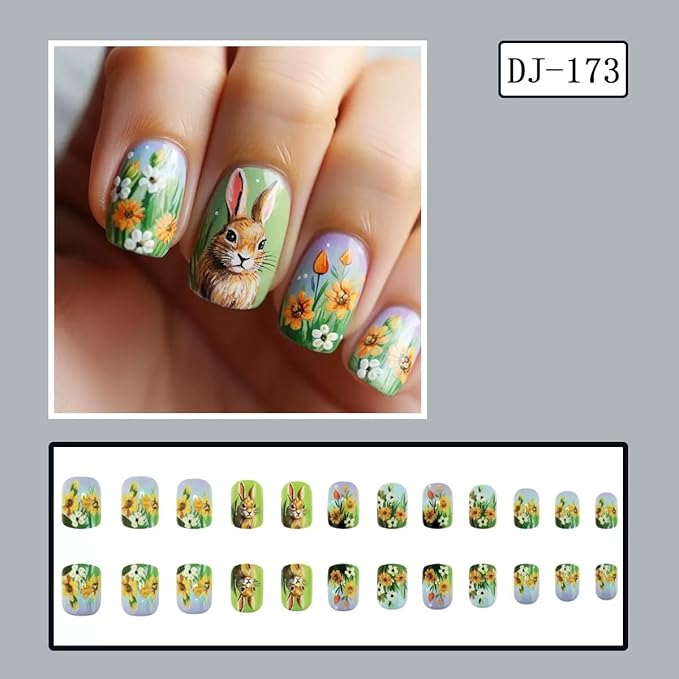 Easter Day Press on Nails - Short Square Fake Nails with Bunny Flower Design - Spring, Green Fasle Nails Press ons - for Women 24 Pcs