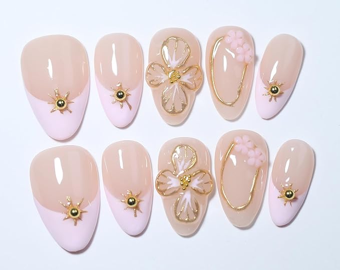 10 Short Almond Handmade Press On Nails | Nude & Blush Ombre Design with 3D Floral & Gold Accents | Salon-Quality, Easy Apply/Remove, Reusable & Long-Lasting (251214, XS)