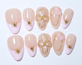 10 Short Almond Handmade Press On Nails | Nude & Blush Ombre Design with 3D Floral & Gold Accents | Salon-Quality, Easy Apply/Remove, Reusable & Long-Lasting (251214, XS)