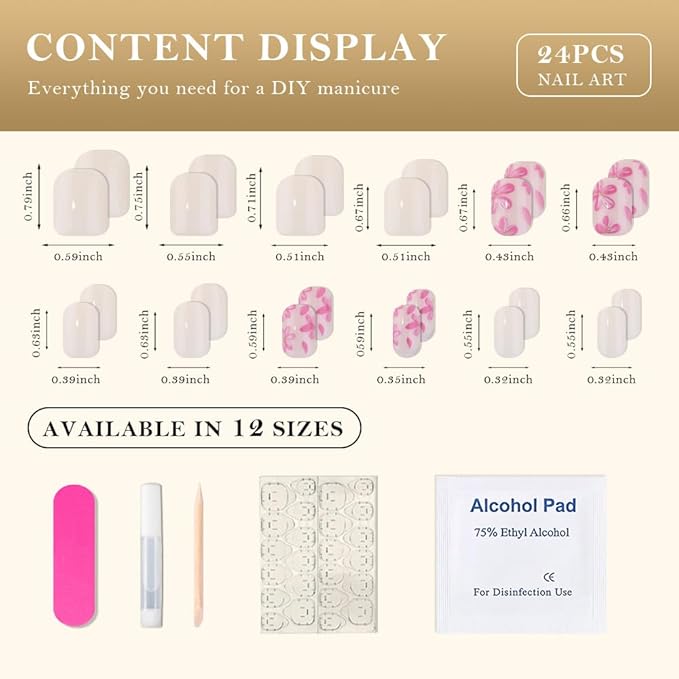 Ivory White Press on Fake Nails Short Square with Peach Flower Design, Glossy Press on Nails for Wide Nail Beds Reusable Manicure for Women Girls, Perfect Fit Stick on Soft Nail Press ons 24Pcs