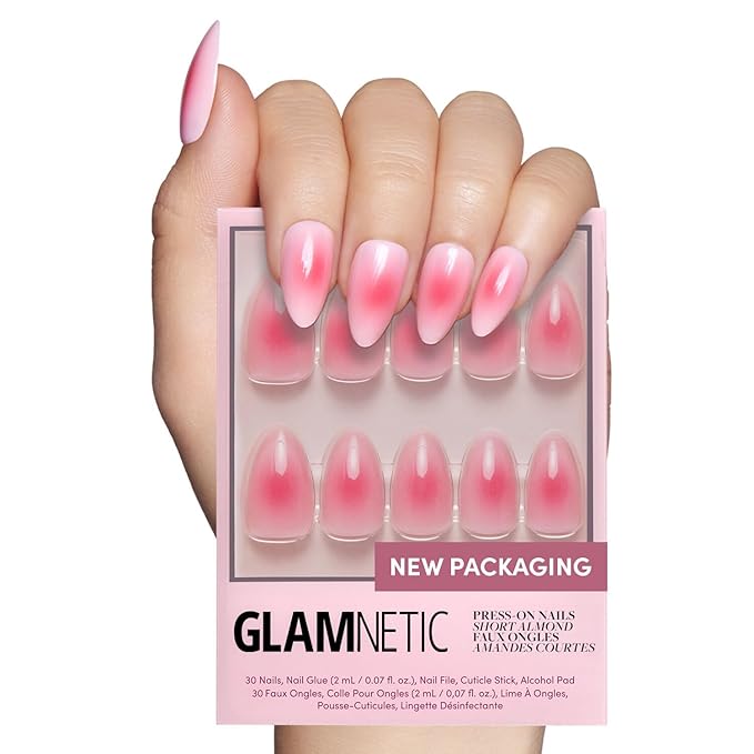 Glamnetic Press On Nails - Blushing Aura Fake Nails | Short Almond Trendy Pink with Ombre Center Nails in a Glossy Finish | 15 Sizes - 30 Nail Kit with Glue