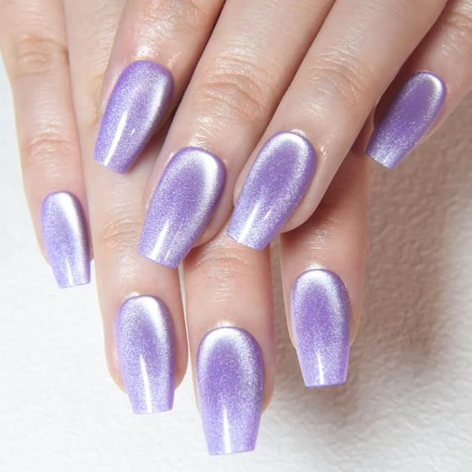 evpct Violet Purple Cat Eye Coffin Press on Nails Square Medium, Medium Square Stick on Nail for Women Gift, Purple Metallic Glitter Glossy Reusable Soft Gel Press on Acrylic Fake Nail with Designs