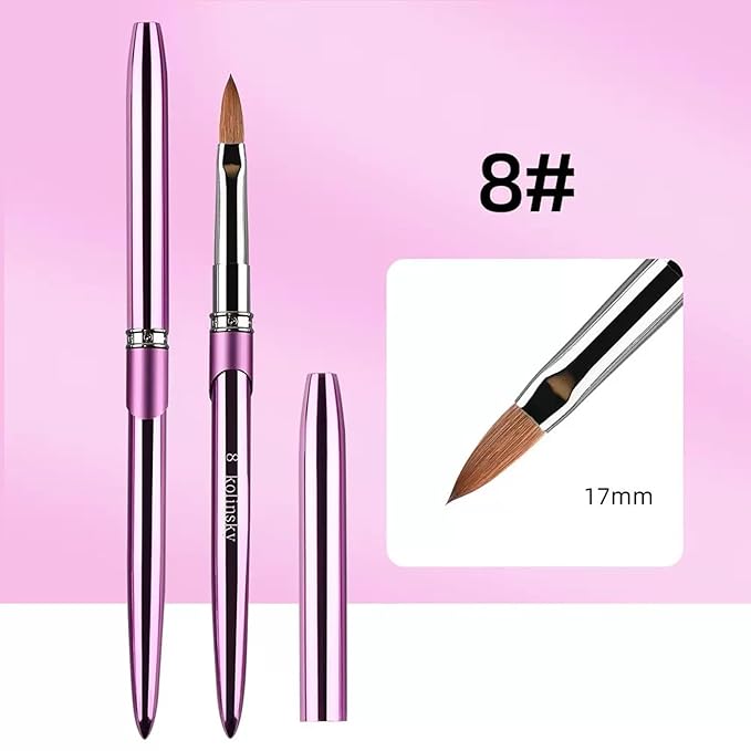 Acrylic Nail Brush Size 8#, 100% Pure Kolinsky Hair Acrylic Crystal Hot Purple with Silver Ferrule Round Shaped for Women Girls Manicure Tools Accessories