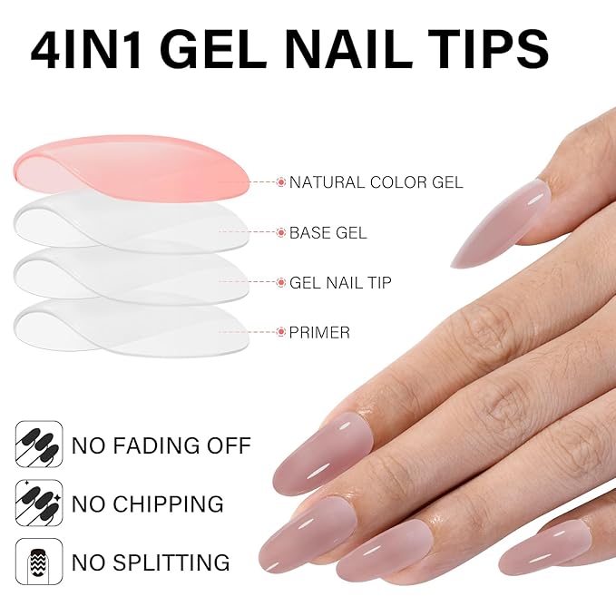 AILLSA Medium Gel Nail Tips Oval Shape 5 Natural Colors 4 in 1 False Nail Tips Set Press on Nails 140 PCS Pre-applied Tip Primer