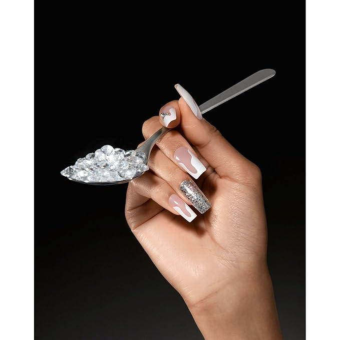 KISS Premium Classy Fake Nails - Stay Modish, Long & Square, Super Glam, Jewel Accents, Waterproof, Smudge Proof, No Dry Time, Durable, Takes Minutes, Quick & Easy | 30 Count