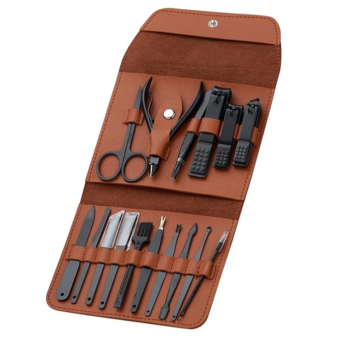 16 Pieces Manicure Set, Pedicure Kit, Nail Clippers, Stainless Steel Professional Personal Care Tool Kit, Nail Tools with Brown Case, Gifts for Men