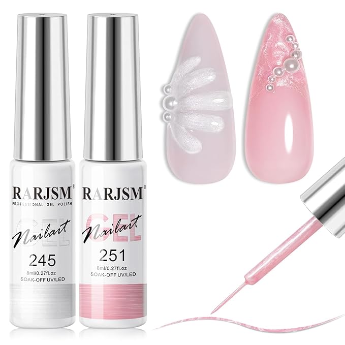 RARJSM Pearl Nail Art Gel Liner 2 Pcs Set Pearlescent Milky Silver White and Pink Shell Glitter Swirl Effect Gel Nail Polish 8ml Build in Thin Brush Painted Drawing Striper GelPolish Curing Requires