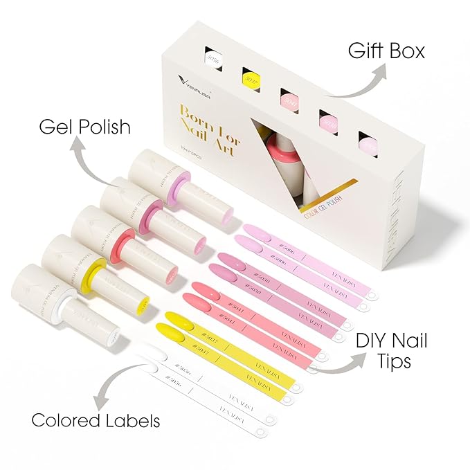 VENALISA 10 ML Gel Nail Polish Set with DIY Nail tips Kit, 5 Pcs White Yellow Pink Light Purple Gel Polish Color High Gloss Soak Off U V Nail Manicure Salon DIY