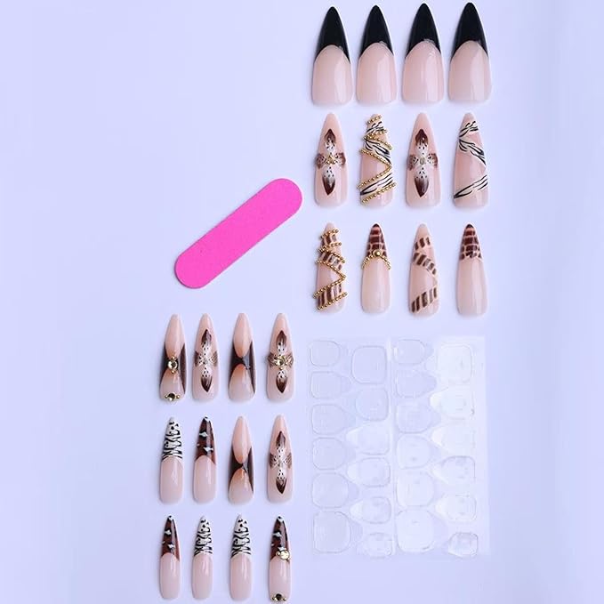 Press on Nails Fall Leopard French tips Fake Nails Long Stiletto False Nails with Gold Rhinestones Design Flower Glue on Nail Brown Stick on Nail Reusable Fall Nails for Women Girls Manicure