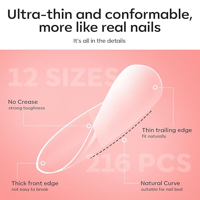 modelones Medium Oval Gel Nail Tips Kit, 9-in-One Nail Glue with Portable U V Lamp 216Pcs 12Sizes Pre-Etched Round Press ons Fake Acrylic Extension Kit DIY Salon Gift for Women