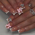 Bow Press on Nails Short Square Fake Nails Cute False Nails Press ons with Bow,Star Design Full Cover Glossy Glue on Nail Stick on Nails for Women Manicure,Reusable | Easy Apply | Acrylic | 24 Pcs