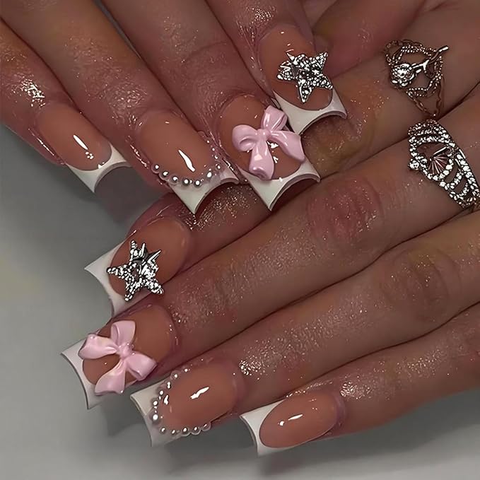 Bow Press on Nails Short Square Fake Nails Cute False Nails Press ons with Bow,Star Design Full Cover Glossy Glue on Nail Stick on Nails for Women Manicure,Reusable | Easy Apply | Acrylic | 24 Pcs