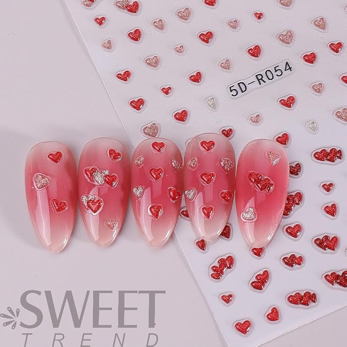 Valentine Day Nail Stickers 5D Embossed Red Hearts Nail Decals Cute Blue Love Nail Designs Multi Kawaii Glitter Nails Supplies Spring Holiday Nails Art Supplies for Women DIY Manicure 4 Sheets