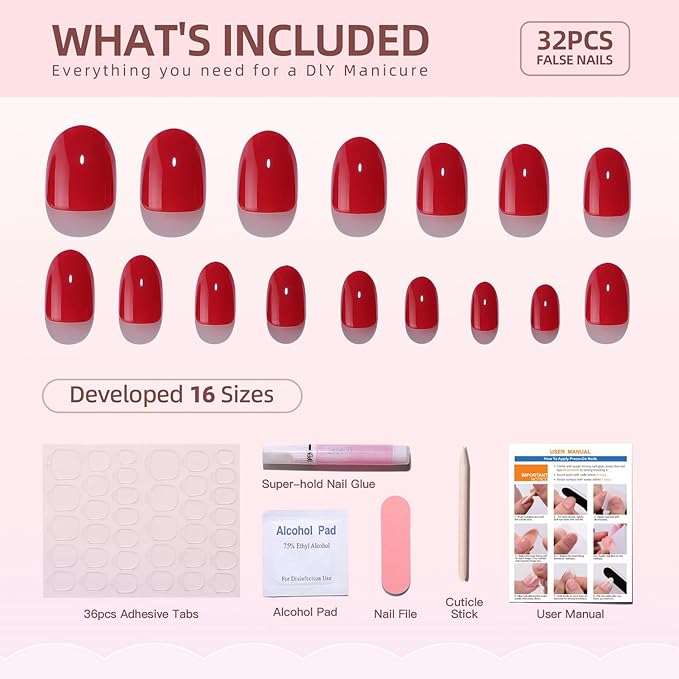 30 Pcs Short Almond Shaped Soft Gel Press on Nails Solid Color Fake Nails Designs Glossy Red Acrylic Nails with Nails Glue Full Cover Salon Quality Thickened Stick on False Nail Kits for Women