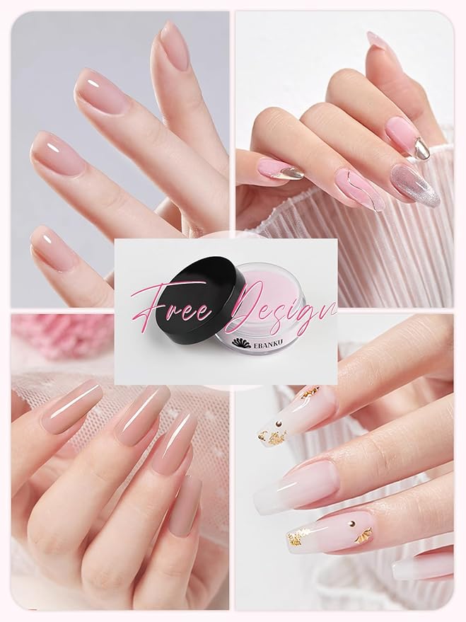 EBANKU Nude Pink Acrylic Powder Set, 6 Colors Jelly Pink, White, Nude - 6 * 10g/0.35oz for Nail Extension, Carving, French Nail