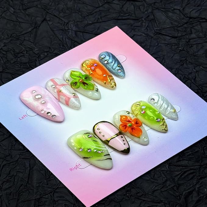 100% Handmade Press on Nails Medium Almond Handmade Nails with Orange Flower Charm Design Green False Nails Rhinestone Pearl Nail Press ons Reusable Acrylic Fake Nails for Women Girls Size M 10Pcs