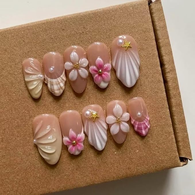 Press On Nails - 3D Almond Handmade Unique French Fake Nails, Thick Acrylic and Muti-Layer Gel False Nails, Reusable Gel Cured Sturdier Fake Nails (Size S)