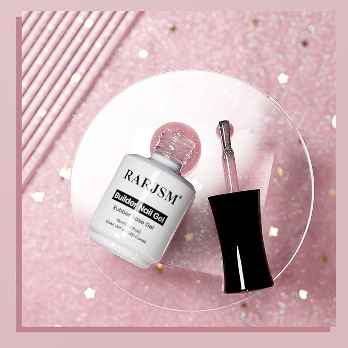 RARJSM Glitter Rubber Base Gel Nail Polish Nude Pastel Pink Rubber Base Rainbow Iridescent Shimmer Brush on Quick Extend Builder Hard Gel Soak Off Curing Requires 15ml Salon Home French Manicure