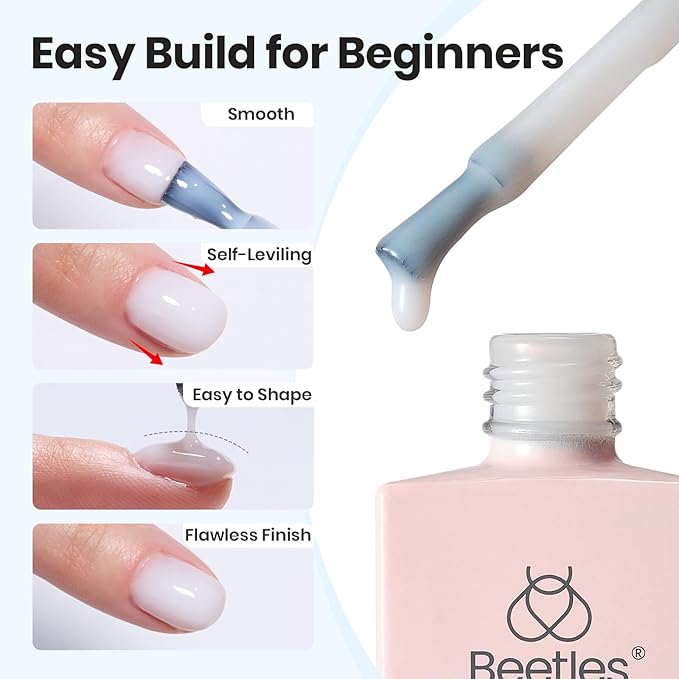 Beetles HEMA-FREE & TPO FREE Builder Nail Gel-Frosted Glow 2 Colors Strengthening Nails Building Apex & Extension for Beginner DIY Salon at Home,Clear & Jelly White Builder Gels UV & LED Lamp Need
