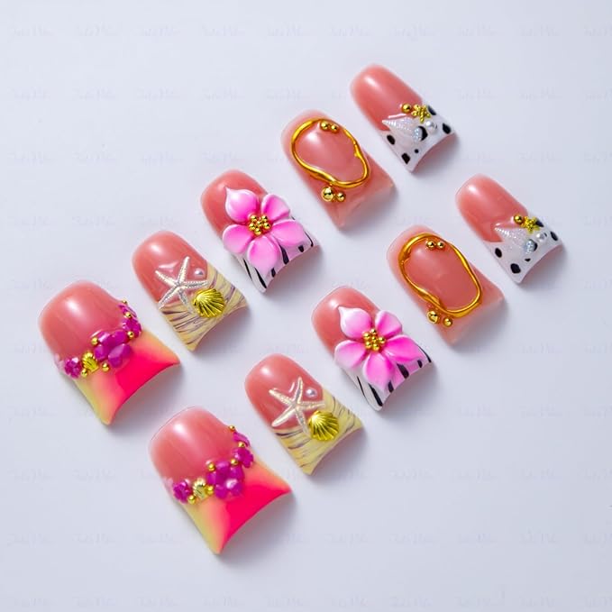 10 Pieces Luxury Acrylic Press On Nails Short Handmade Duck Nails, Pink Thickened False French Nails, 3D Flowers, Conch Shells And Starfish, Reusable Fake Nails, Acrylic Nails (L)
