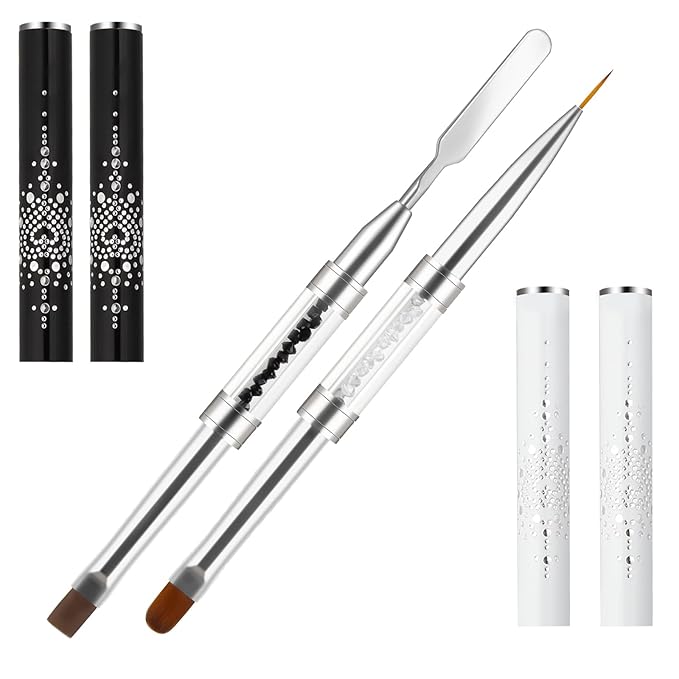 2Pcs Double Ended Nail Art Brushes Hard Gel Nail Brush French Tip Brush Hard Gel for Nails Salon Grade Rhinestone Handle Professional Nail Art Design Brushes(White, Black)