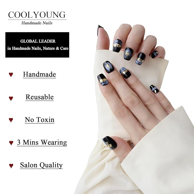 Handmade Press on Nails Short Square Black Nails for Women Acrylic Press On Nails Fake Nails With Designs Gifts For Women Thick COOLYOUNG False Nails, 10 PCS, Size L
