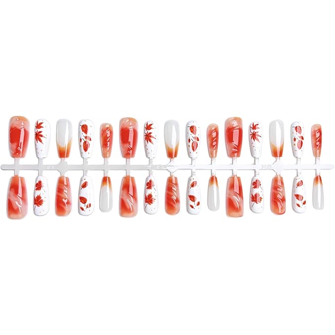 30Pcs Fall Press on Nails Medium Coffin Fake Nails Maple Leaf False Nails with 3D Ripple Designs Orange French Tip Maple Leaves Stick on Fingernails Autumn Thanksgiving Acrylic Nails for Women