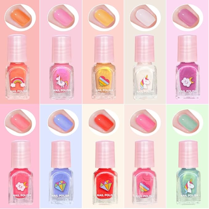MU Unicorn Fantasy Kids Nail Polish Kit - 10 Water Based Polish Colors and Press On Nails, Quick Dry Peel Off Formula, Magical Unicorn Nail Polish Set for Girls, Birthday Party Gift Set