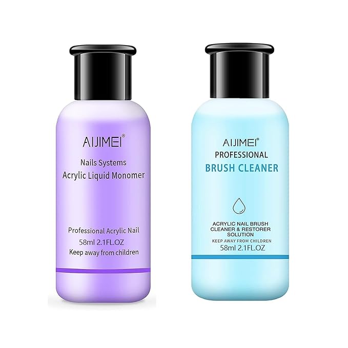 AIJIMEI Acrylic Liquid Monomer 58ml & Acrylic Brush Cleaner 58ml Kit - Professional Nail System for Clean Acrylic Powder & Acrylic Nail Brushes, Salon-Quality DIY Manicure