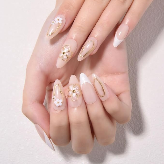 evpct 3D Flower French Press on Nails Medium Almond with Gold Line Design, White French Tip Stick on Nail for Women Gift with Kit, Reusable Full Cover Soft Gel Press on Fake Nail with 3D Floral Design