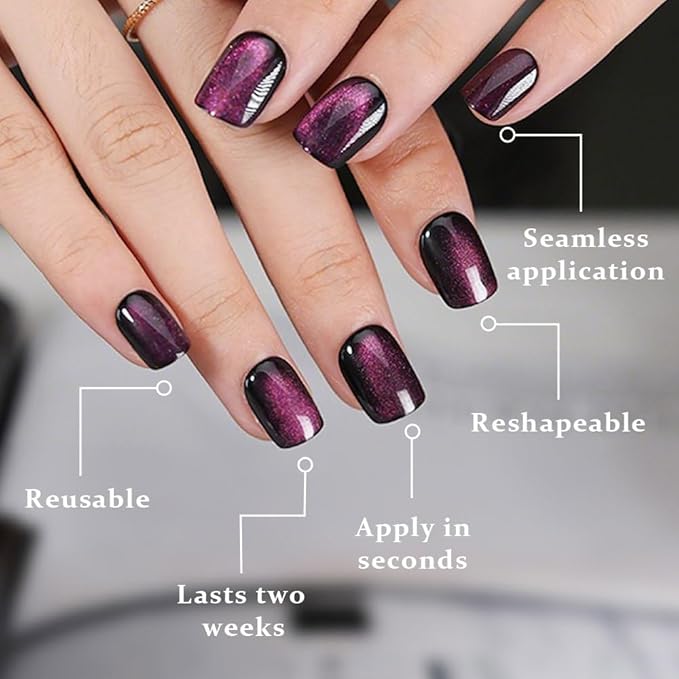 evpct Purple Cat Eye Press on Nails Extra Short Square, Petite Short Press on Stick on Nails for Women Gift, Dark Purple Holographic Glitter Glossy Reusable Stick on Gel Acrylic Fake Nail with Design
