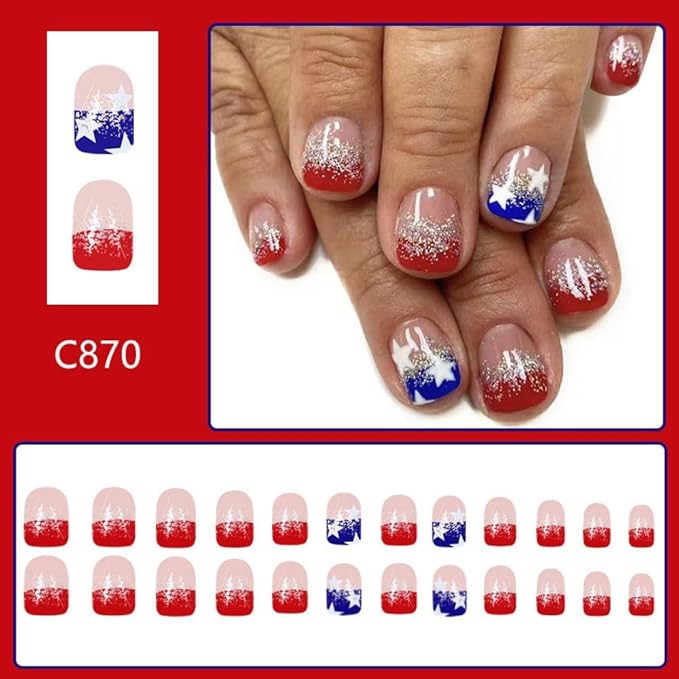 Independence Day Press on Nails Short Square False Nails with Red Blue French Tips Design Glossy Glitter Fake Nails White Star Artificial Nail 4th of July Acrylic Nail for Women Girls Manicure 24Pcs