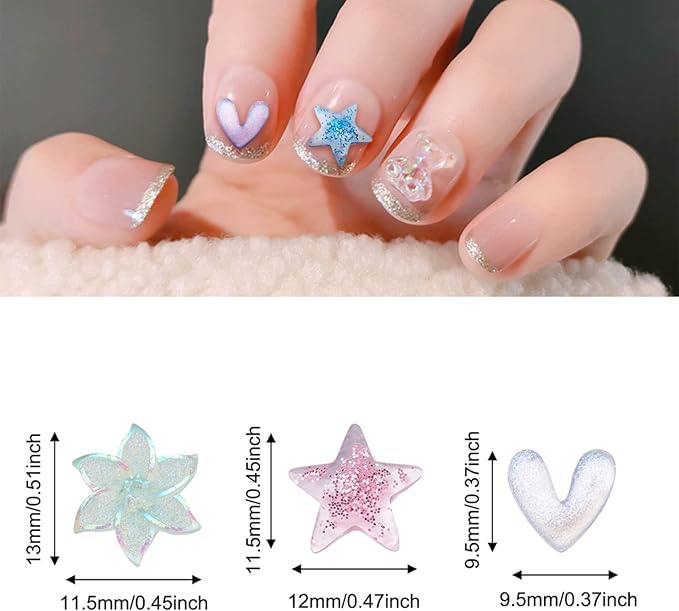 FASHEWELRY 240Pcs 3D Resin Nail Art Decoration Star Flower Heart Cabochons with Glitter Powder Studs for DIY Nail Art Decoration