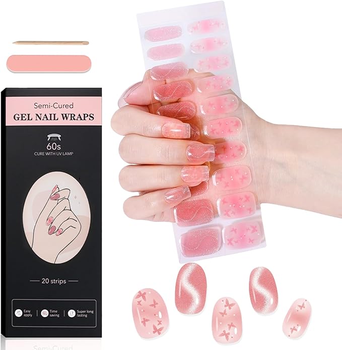 WOKOTO 1 Sheets Butterfly & Cat Eye Design Semi Cured Gel Nail Strips With Nail File & Wooden Stick For Women, 20 Tips Semi Cured Gel Nails Polish Stickers Strips UV Full Nail Wraps Stick On Nails