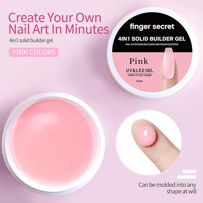 Solid Nail Builder Gel Set, Pink&Clear Extension DIY Non Stick Hand for NailArt, Solid Builder Gel for Long Lasting Manicures Enhancement Poly Nail