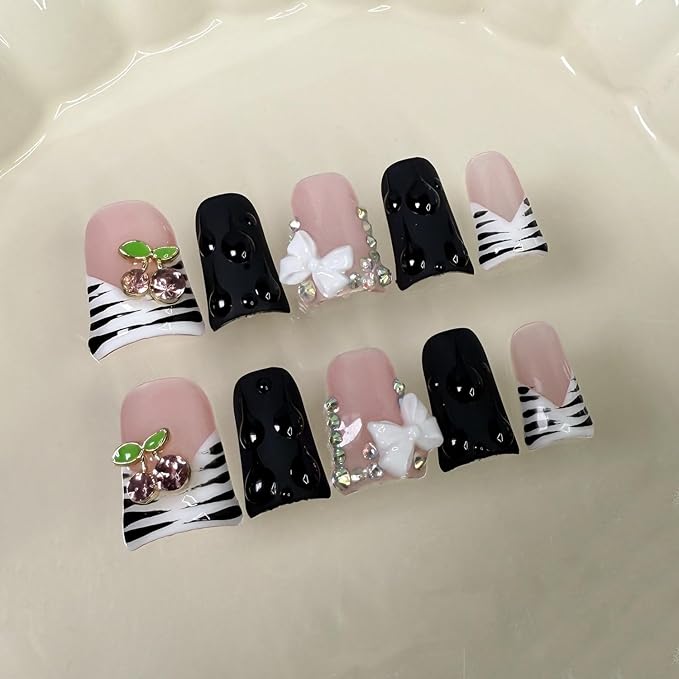 Duck Press on Nails Short Handmade 3D Flower & Cherry Fake Nails Muti-Layer Gel Thick Acrylic Nail Stripe French Tip False Nails with Designs Rhinestones Glossy Black Stick on Nail for Women（S）