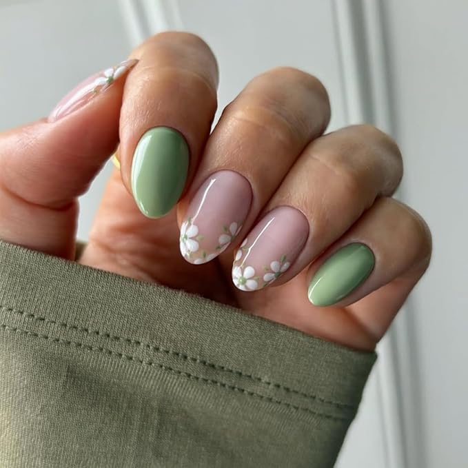 Short Oval Press On Nails green Pink False Nails with Flowe Finish Fashion Glossy Acrylic Press ons Nail Gel Stick On Nails Set Glue on Nails for Women & Girls, 24Pcs