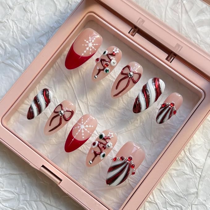 Press On Nails - Handmade Almond short Nails, Painting French 3D Stars Art Design press ons, Reusable Artificial False Nails for Women 10 Pcs Acrylic Nails Kits (Size M)