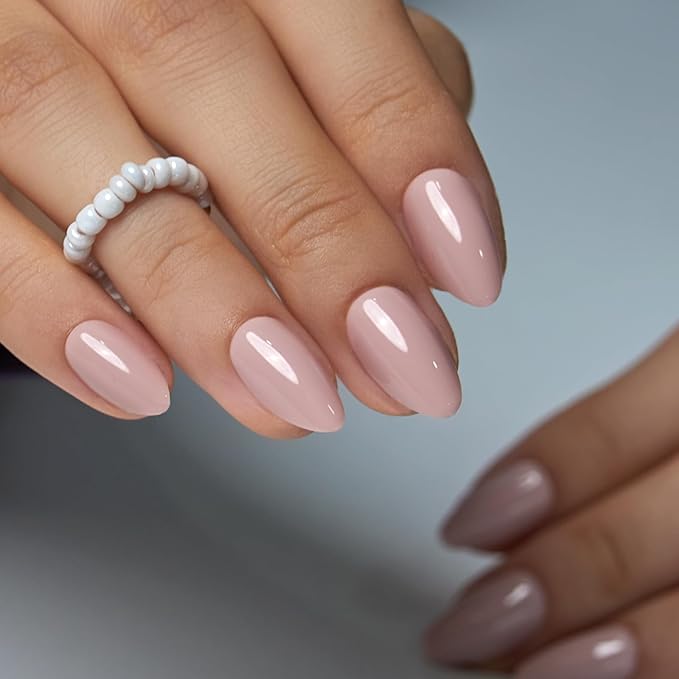 Curvlife Press On Nails Medium Almond Pink - Milky Pink Press on Nails with Glue, Glossy Nude Pink Solid Color Fake Nails Long Lasting False Nail Tips for Women Girls