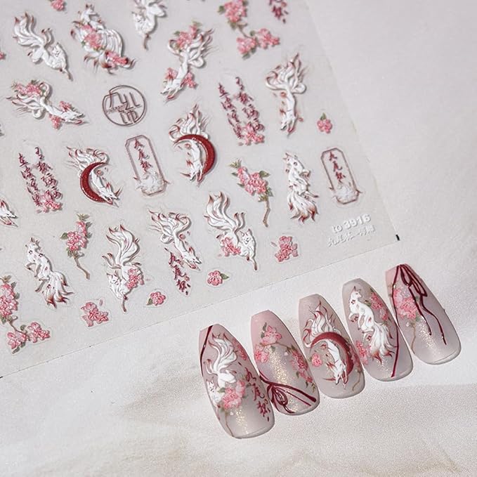 Embossed Nine-Tailed Fox Spirit Nail Art Stickers, Foxes and Blossom Design, White and Pink, Decorative Nail Decals (Nine-Tailed Fox)