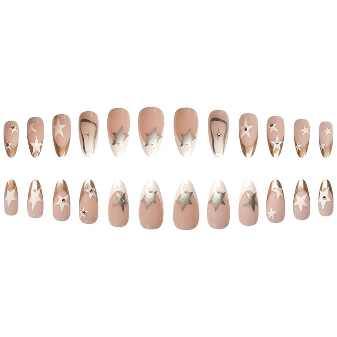 Press on Nails Medium Almond MABKJLF French Tip Fake Nails Nude Full Cover White Gold Nail Tip False Nails with Star Designs Rhinestones Glossy Glue on Nails Artificial Nails for Women Girls 24Pcs