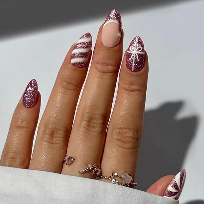 6 Packs (144 Pcs) Christmas Press on Nails Medium Almond Fake Nails Winter Xmas False Nails with Designs Snowflake Glue on Nails Full Cover Glossy Acrylic Stick on Nail for Women Girls Manicure