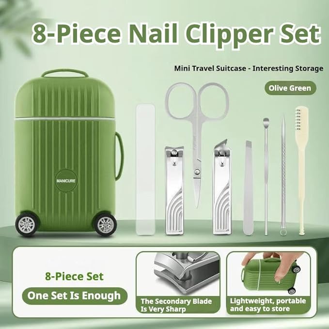Manicure Set 8 in 1 Stainless Steel, Nail Clippers Scissors Pedicure Tools Kit - Portable Travel Grooming Kit for Men and Women with Mini travel box packaging (BLUE)