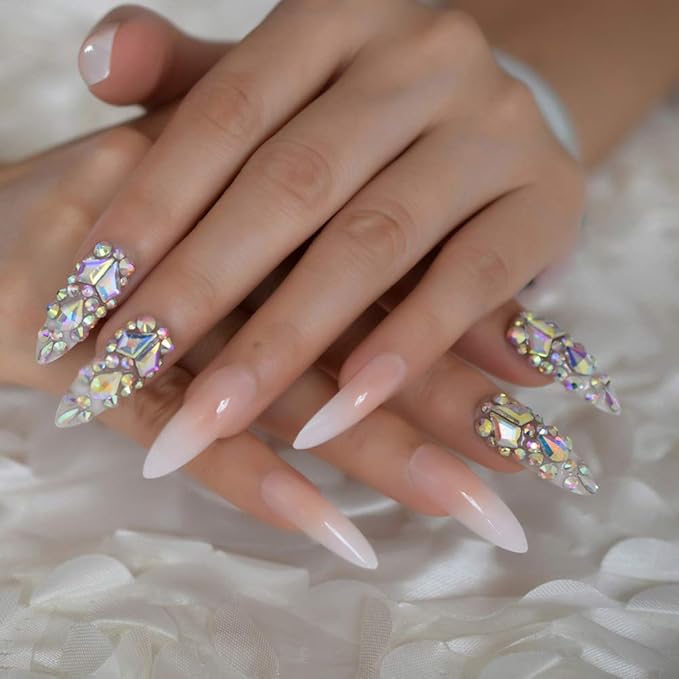 Luxury 3D Rhinestone Gradient Pink Nude Press on Nails Extra Long Stiletto False Fake Nail Tips DIY Fingernail for Wedding Party