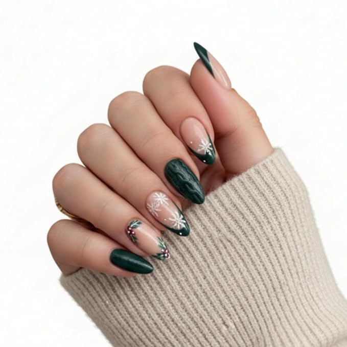 Press On Nails Almond Christmas, French Tip Press on Nails Short, Glue On Nails for Women Gift, Supremely Fit Natural Reusable Stick On Nails in 12 Sizes -24 Fake Nails Kit, French Dark Green
