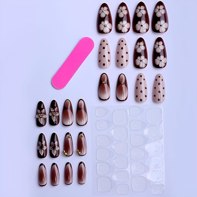 Flower Press on Nails Almond Fake Nails Polka Dot False Nails Medium Brown Nails Press Ons with Gold Rhinestones Design Glossy Stick on Nail Embossed Flower Glue on Nail for Women 24Pcs